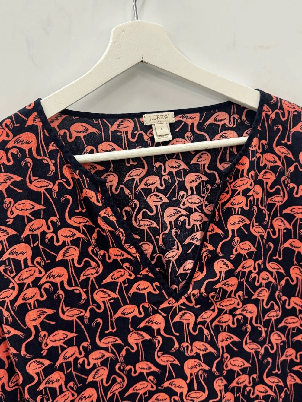 J Crew Factory Navy Pink Flamingo V Neck Tunic Dress Coverup Cotton Size Large